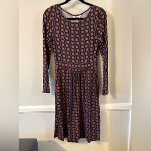 Boden Geometric Navy and Brown Long Sleeve Dress
